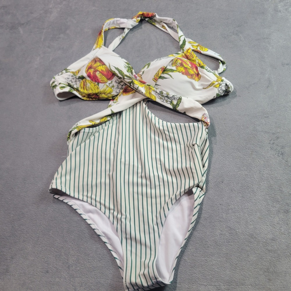 Cupshe One Piece Swimsuit Women Large White Floral Stripe Cutout Monokini Halter